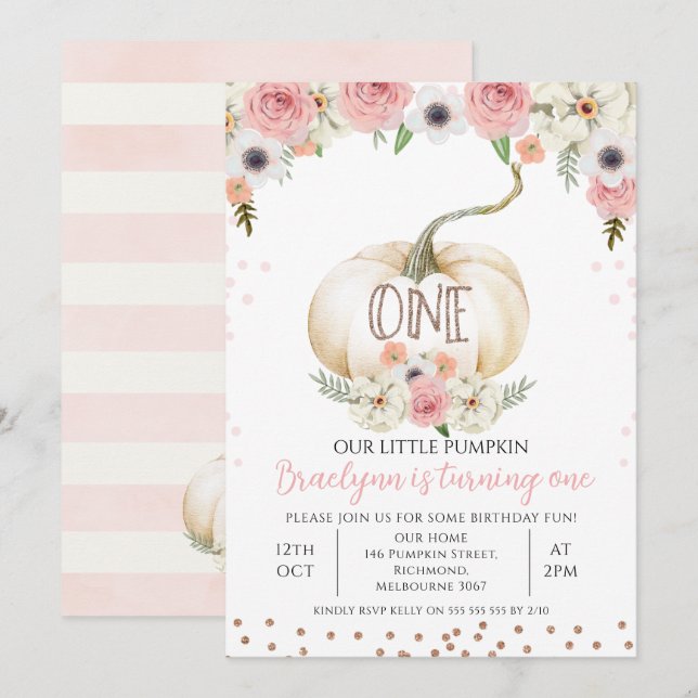Invitation Rustique Floral Fall Blanc Citrouille 1er annivers (Devant / Derrière)