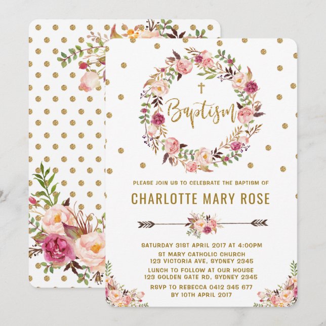 Invitation Rustique Floral Girl Baptême Christening Invitatio (Devant / Derrière)