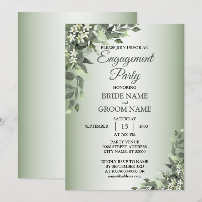 Invitation Rustique Floral Green Feuilles (Devant / Derrière)