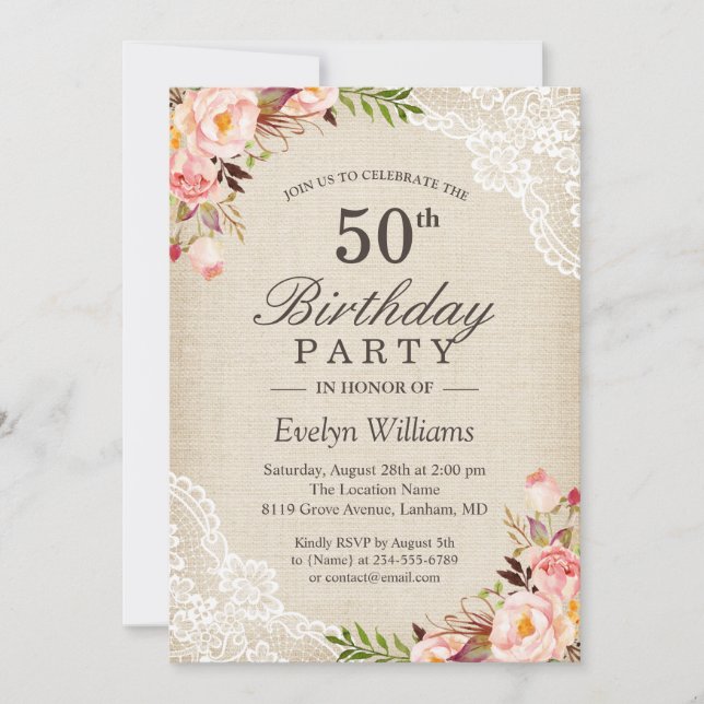 Invitation Rustique Floral Ivory Burlap Dentelle fête d'anniv (Devant)