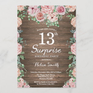 Invitation Rustique Floral Peonies rose Surprise 13e annivers