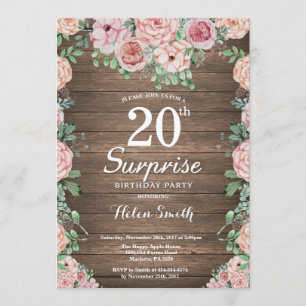 Invitation Rustique Floral Peonies rose Surprise 20e annivers
