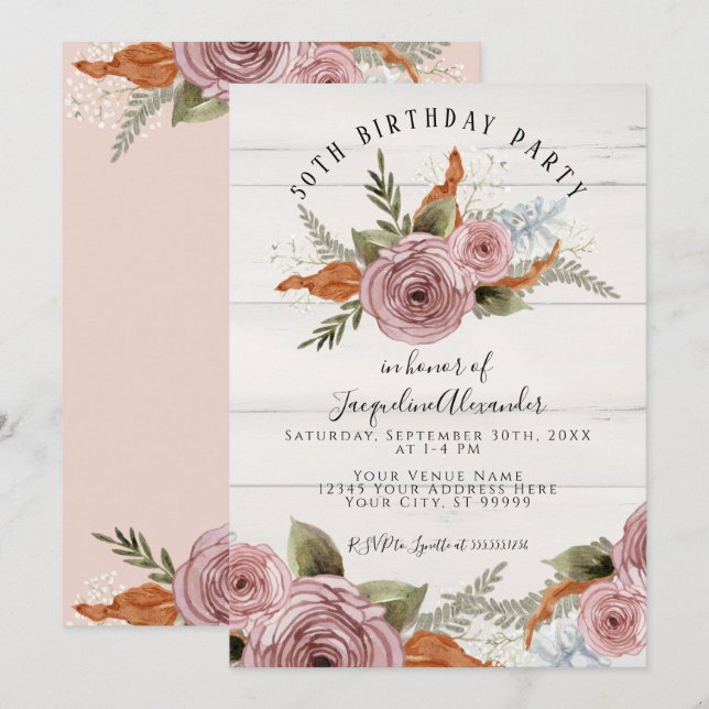 Invitation Rustique Floral Peony Dusty Rose Aquarelle Anniver (Devant / Derrière)