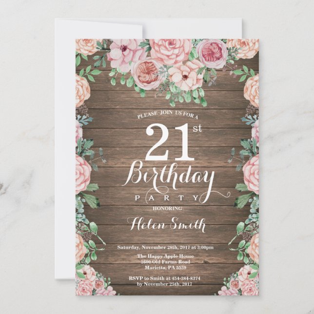 Invitation Rustique Floral Pink Peonies 21e anniversaire (Devant)