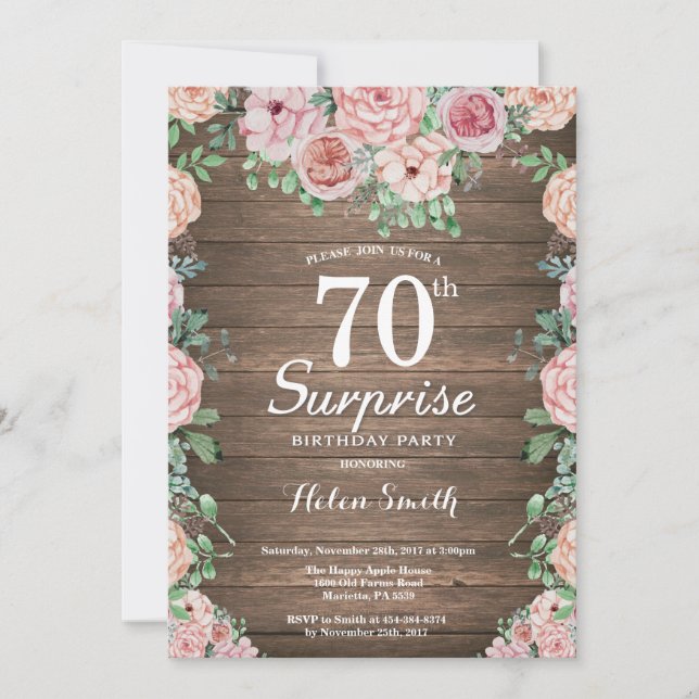 Invitation Rustique Floral Pink Peonies Surprise 70e annivers (Devant)