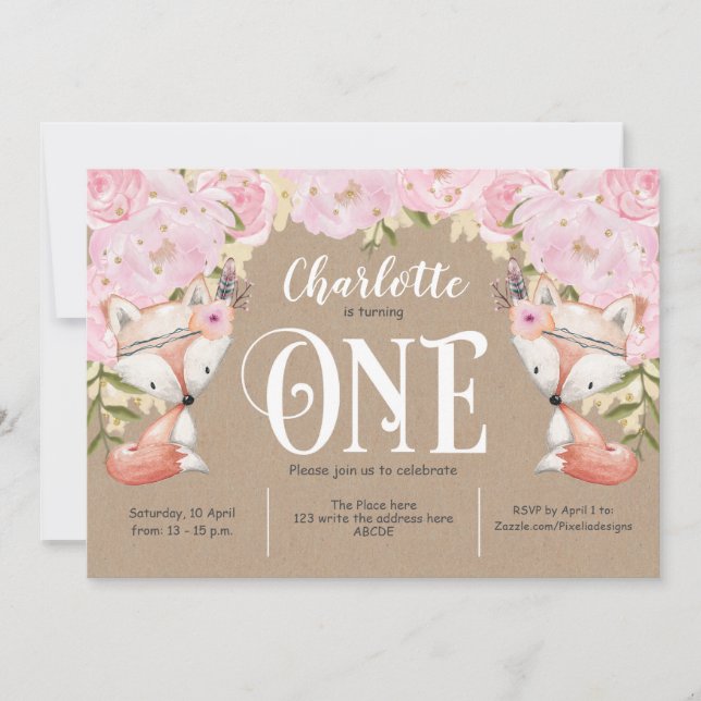 Invitation Rustique, Floral rose, Bois, Fille 1er anniversair (Devant)