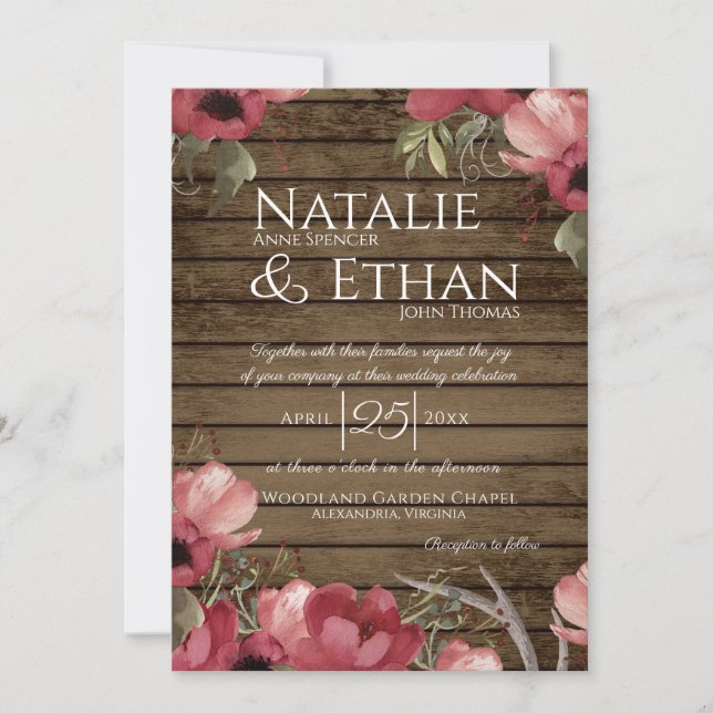 Invitation Rustique Floral Rose Mariage de grange en bois (Devant)