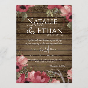 Invitation Rustique Floral Rose Mariage de grange en bois