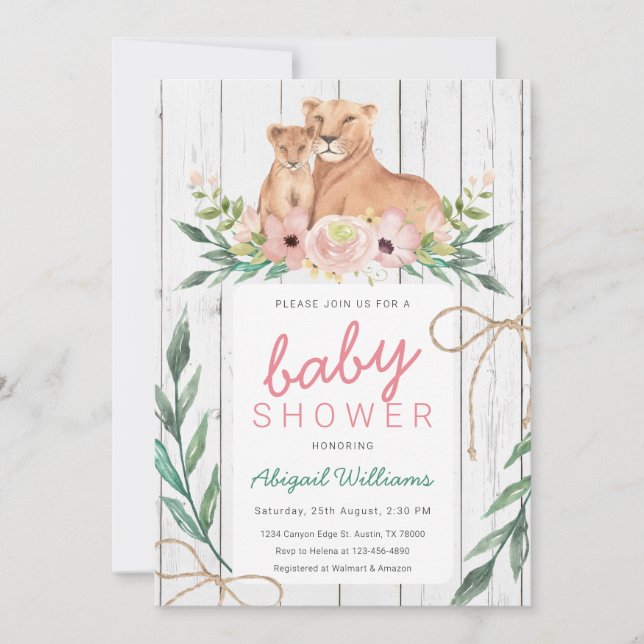Invitation Rustique Floral Safari Lion famille Baby shower (Devant)