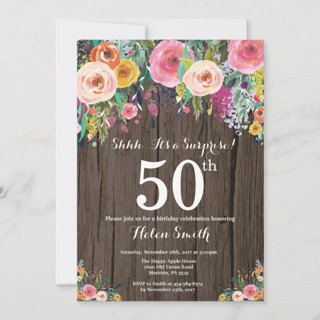 Invitation Rustique Floral Surprise 50e anniversaire Invitati (Devant)