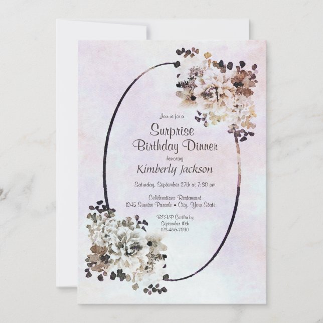 Invitation Rustique Floral Surprise Anniversaire Dîner (Devant)