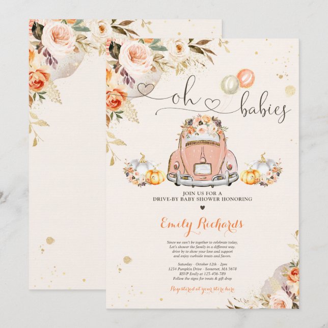 Invitation Rustique Floral Twin Citrouille Drive Par Baby sho (Devant / Derrière)