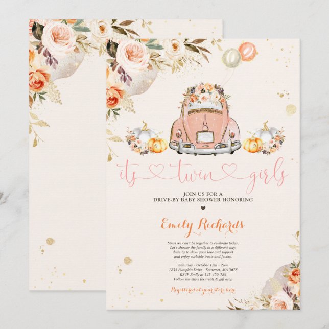 Invitation Rustique Floral Twin Citrouille Drive Par Baby sho (Devant / Derrière)