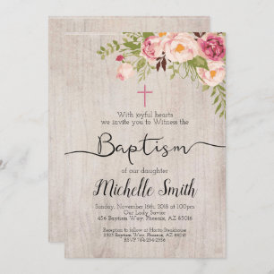 Invitation Rustique Floral Vintage Country Script Boho Baptêm
