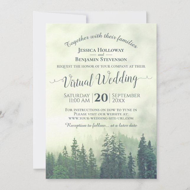 Invitation Rustique Foggy Green Pine Forest Mariage virtuel (Devant)