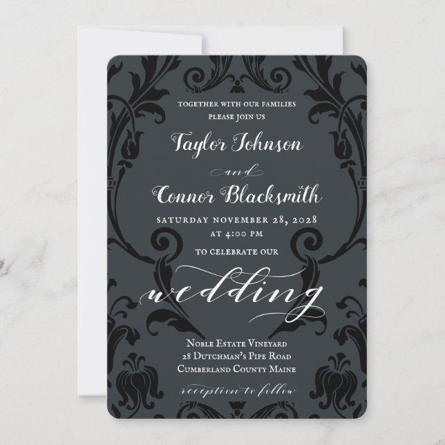 Invitation Rustique forgeron calligraphie noir Mariage damass (Devant)