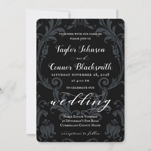 Invitation Rustique forgeron calligraphie noir Mariage damass (Devant)