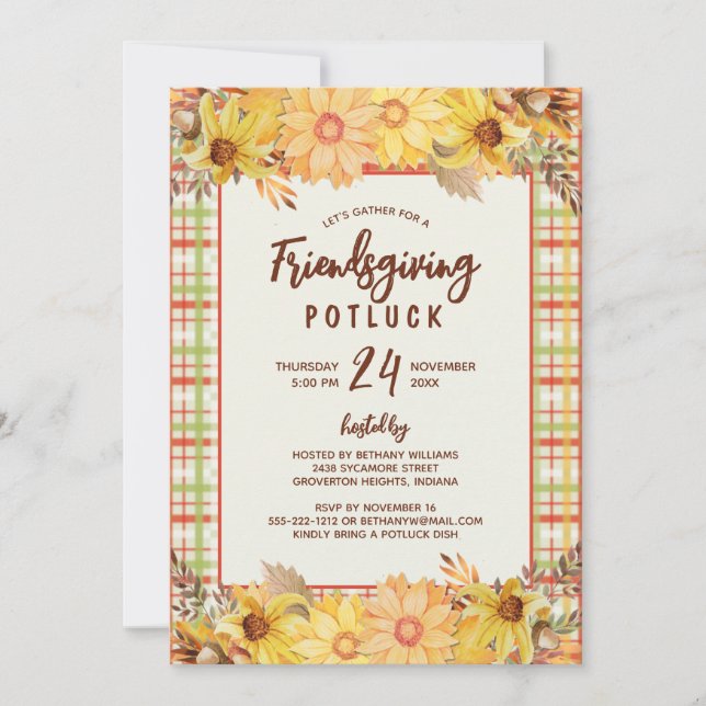 Invitation Rustique Friendsgiving Potluck Aquarelle Florale (Devant)