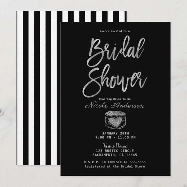 Invitation Rustique Glam Chic Fête des mariées argent et rayu (Devant / Derrière)