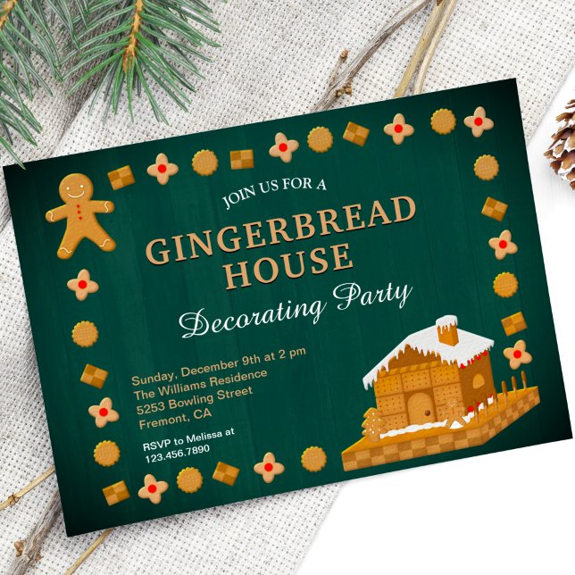 Invitation Rustique Green Gingerbread Maison de décoration (Créateur téléchargé)