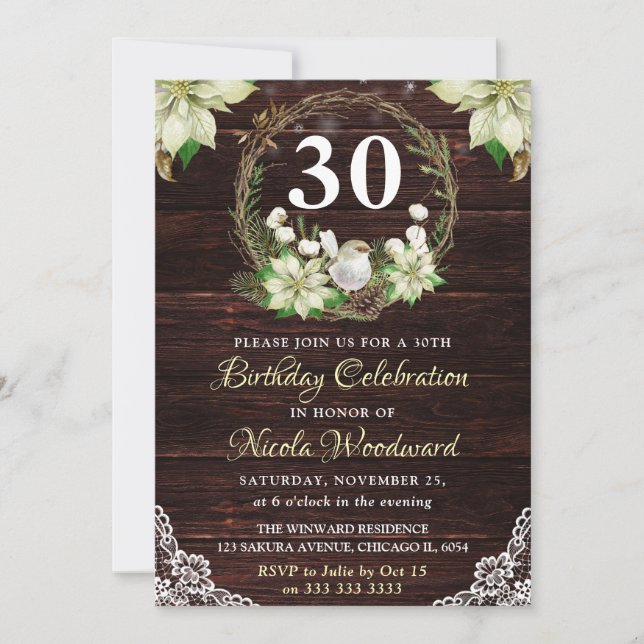Invitation Rustique hiver blanc Robin & Holly Wreath Annivers (Devant)