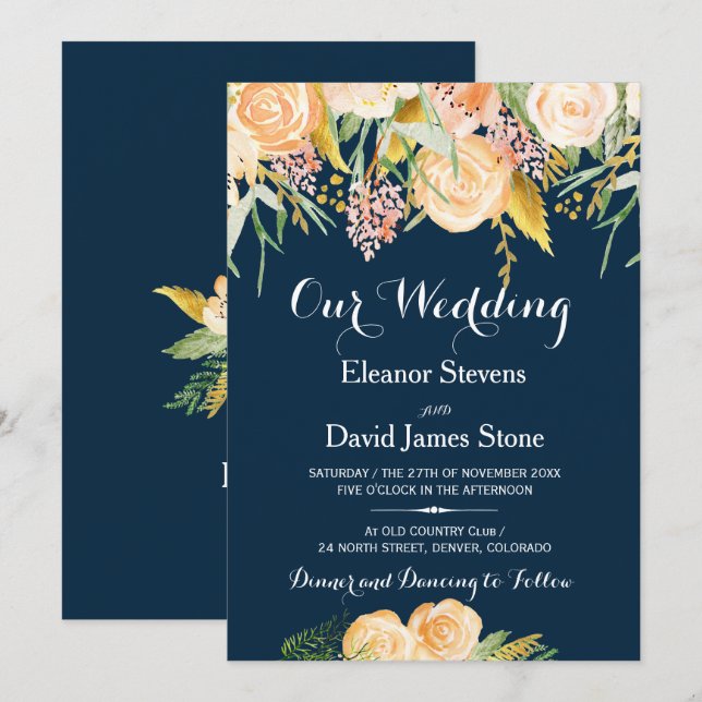 Invitation Rustique hiver marine bleu pêche mariage floral de (Devant / Derrière)