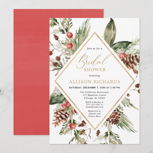 Invitation Rustique hiver verdure douche nuptiale de Noël (Devant / Derrière)