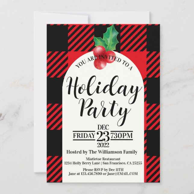 Invitation Rustique Holly Berries Aquarelle Plaid Holiday (Devant)