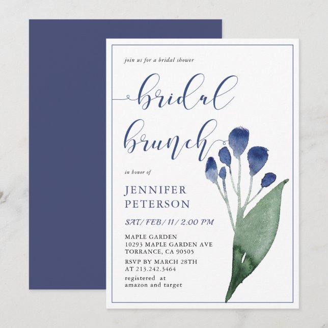 Invitation Rustique Indigo Blue Flower Brunch (Devant / Derrière)