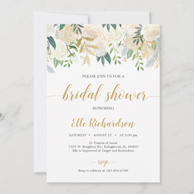 Invitation Rustique ivoire blanc fleuri or vert nuptiale (Devant)