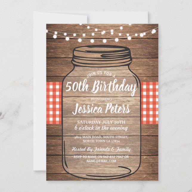 Invitation Rustique Jar fête d'anniversaire Wood Red En vichy (Devant)