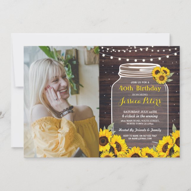 Invitation Rustique Jar fête d'anniversaire Wood Sunflower Ph (Devant)