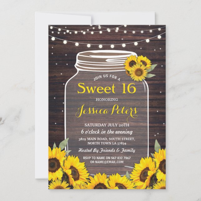 Invitation Rustique Jar Sweet 16 Party Fleurs de tournesol de (Devant)