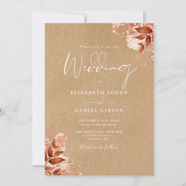 Invitation Rustique Kraft Automne Automne Floral QR Code Mari (Devant)