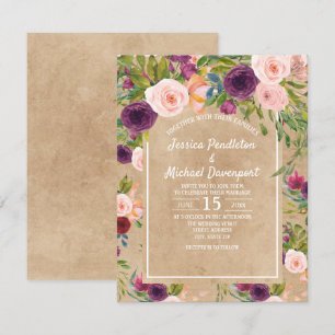 Invitation Rustique Kraft Boho Plum Blush Floral Wedding Invi