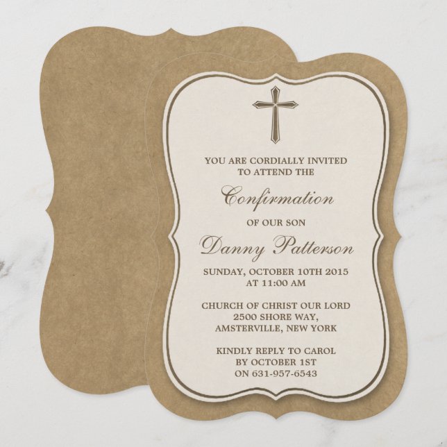 Invitation Rustique Kraft Croix Sainte Communion Ou Confirmat (Devant / Derrière)