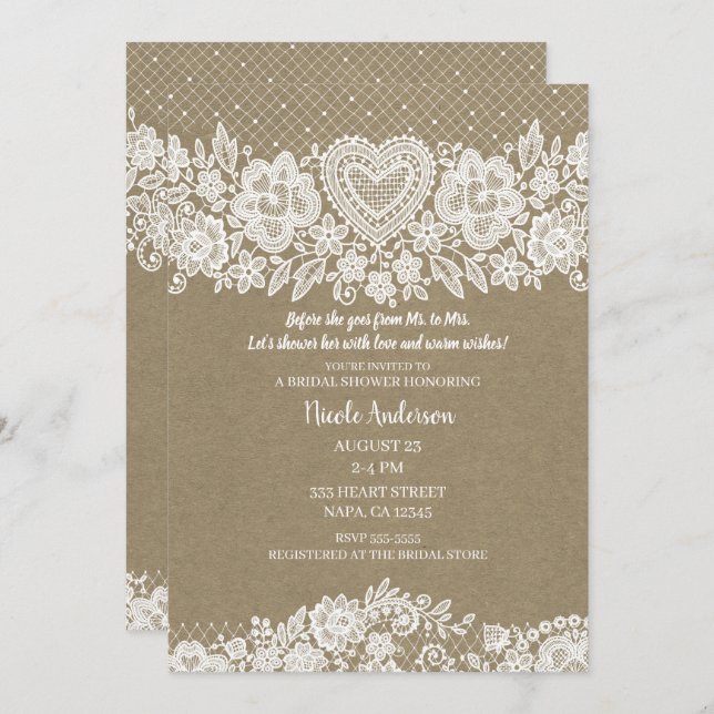 Invitation Rustique Kraft & Lace Ferme Maison Fête des mariée (Devant / Derrière)