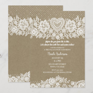 Invitation Rustique Kraft & Lace Ferme Maison Fête des mariée