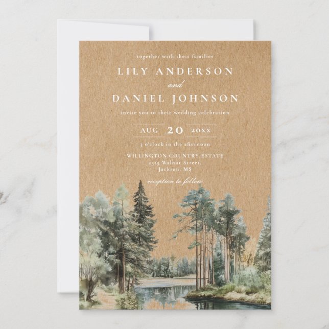 Invitation Rustique Kraft Lake Forest Woodland Mariage QR Cod (Devant)