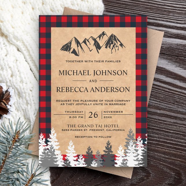 Invitation Rustique Kraft Red Buffalo Plaid Mountain Mariage (Créateur téléchargé)
