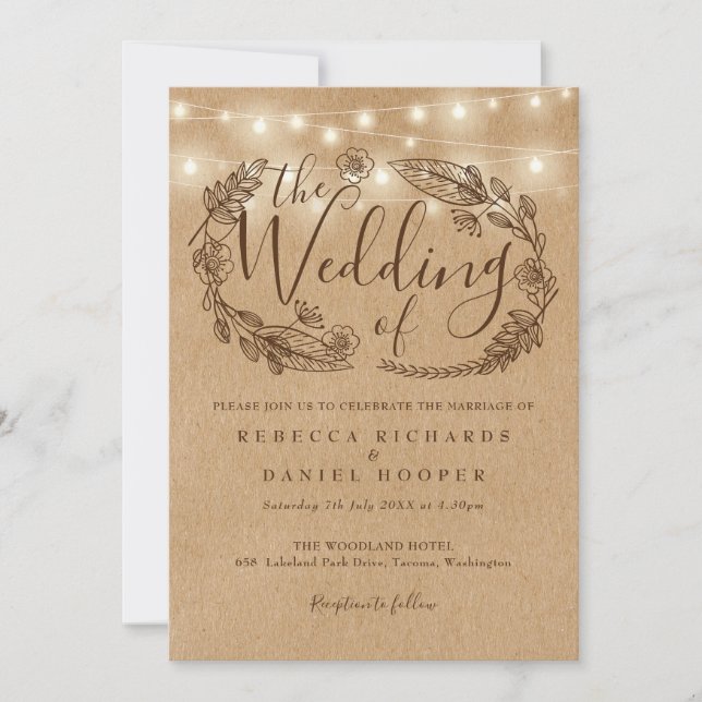 Invitation Rustique Kraft String éclaire le Mariage floral (Devant)