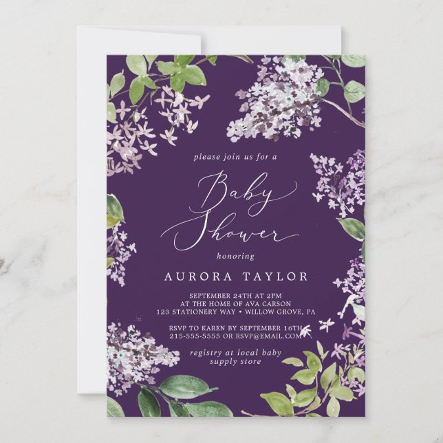 Invitation Rustique Lilac | Baby shower pourpre (Devant)