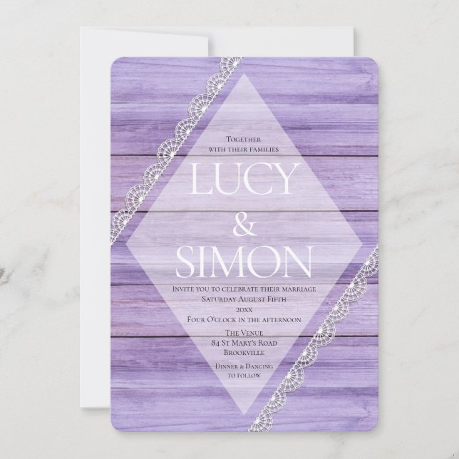 Invitation Rustique Lilac Bois & dentelle Mariage de style ch (Devant)
