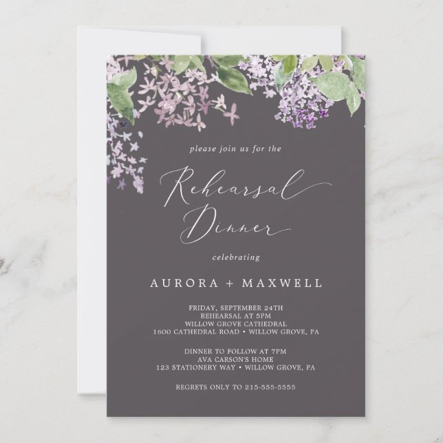 Invitation Rustique Lilac | Dîner de répétition gris (Devant)