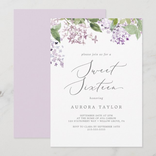 Invitation Rustique Lilac Sweet sixteen Anniversaire (Devant / Derrière)