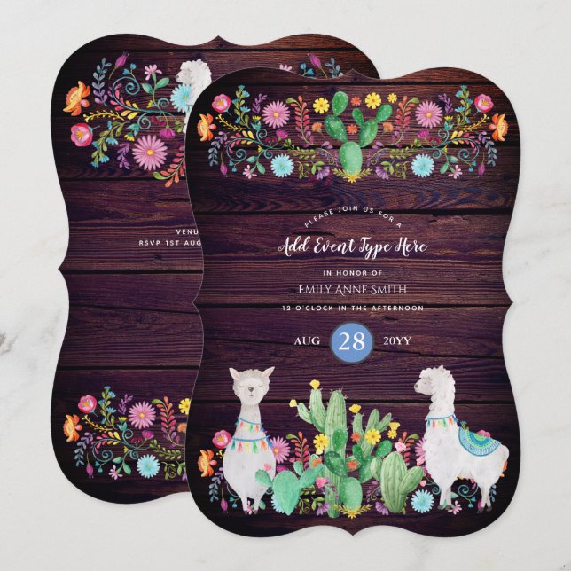 Invitation Rustique Llama Aquarelle Folk Fleurs N'IMPORTE QUE (Devant / Derrière)