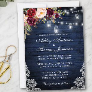 Invitation Rustique Mariage Bleu Lumières Jars Dentelle Flora