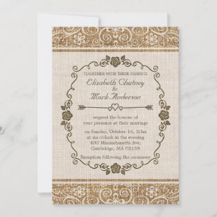 Invitation Rustique Mariage de dentelle Burlap