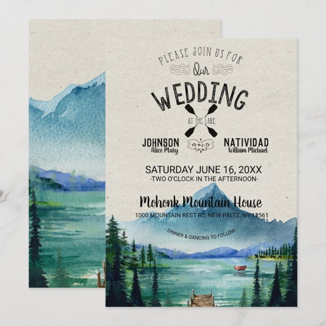 Invitation Rustique Mariage de la montagne Lakeside (Devant / Derrière)