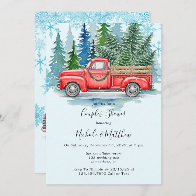 Invitation Rustique Mariage hiver Camion Couples Douche (Devant / Derrière)
